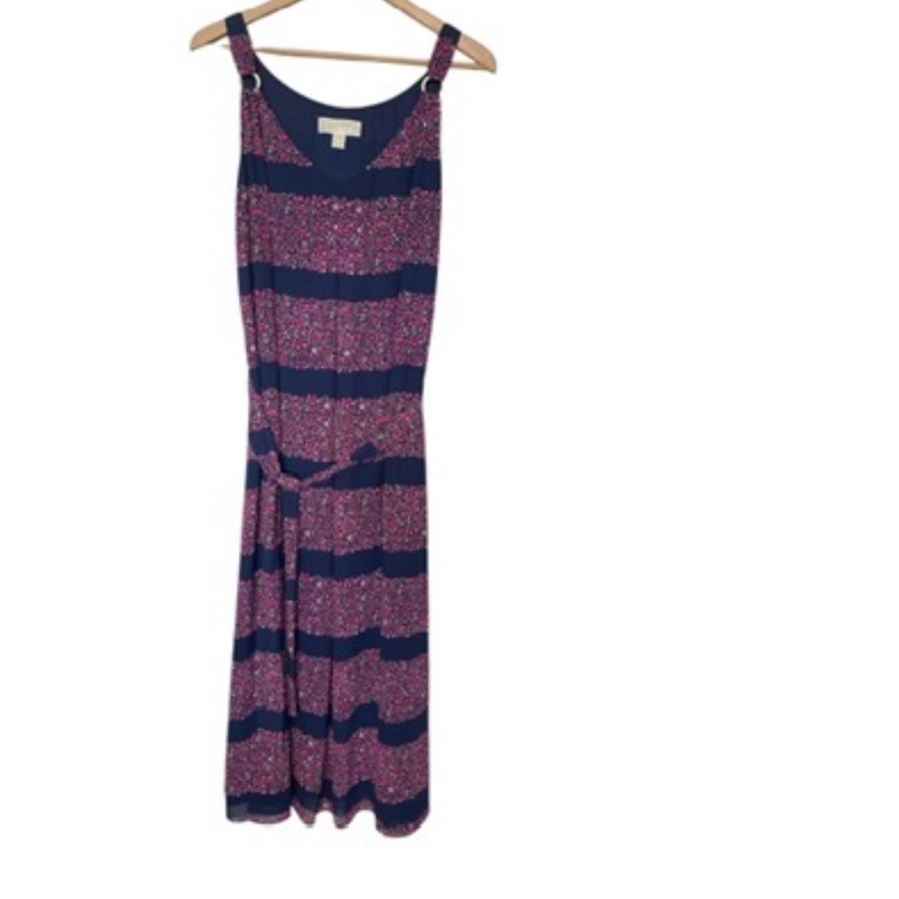 Michael Kors Dress Womens XL Midi Navy Pink Floral Stripe Ring Belted EUC